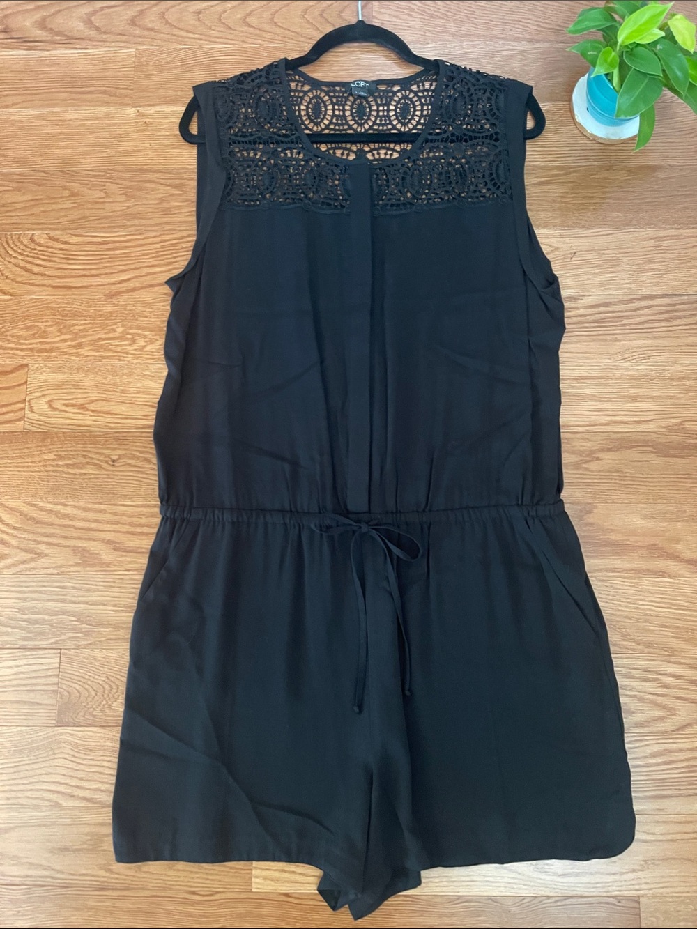 LOFT Black Sleeveless Crochet-Yoke Romper
